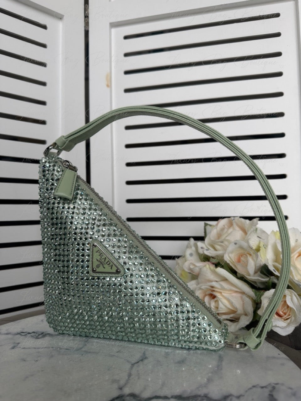 PRADA Satin Crystal Triangle Bag Acqua