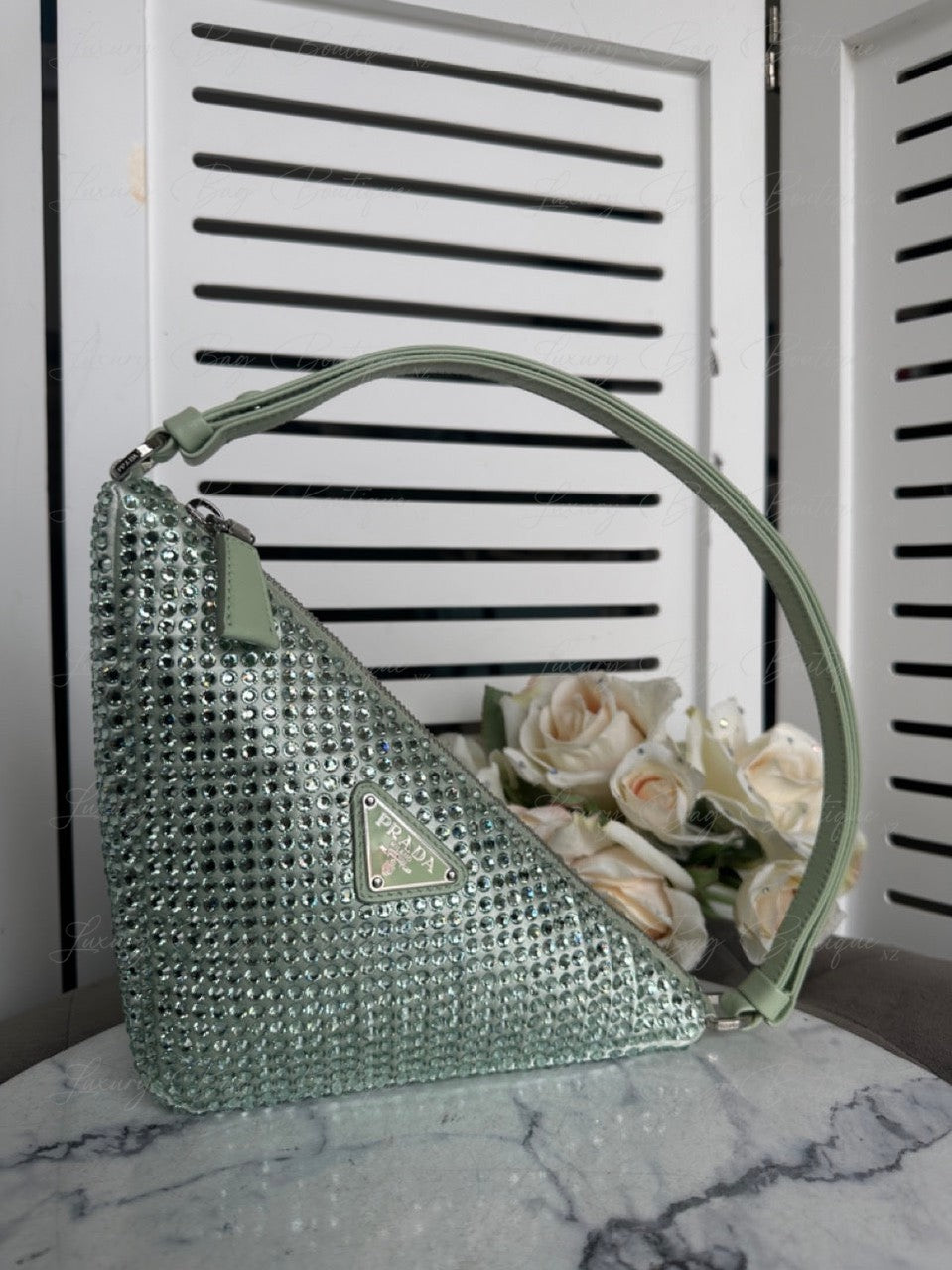 PRADA Satin Crystal Triangle Bag Acqua