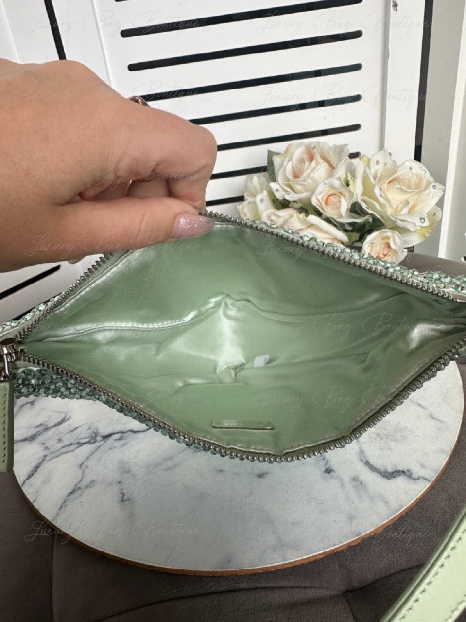 PRADA Satin Crystal Triangle Bag Acqua