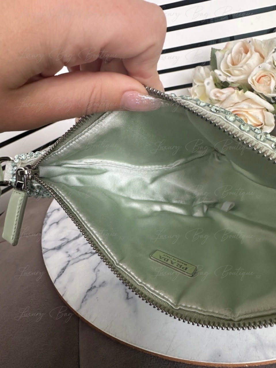 PRADA Satin Crystal Triangle Bag Acqua