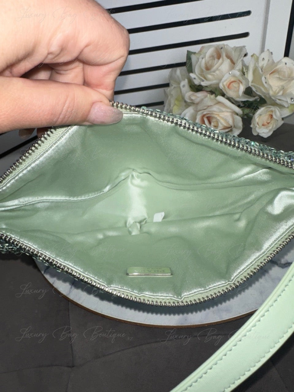 PRADA Satin Crystal Triangle Bag Acqua