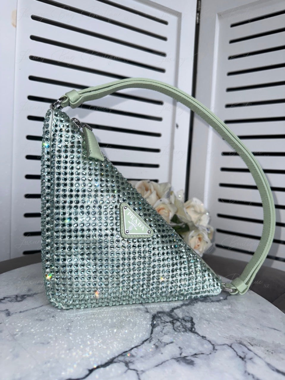 PRADA Satin Crystal Triangle Bag Acqua