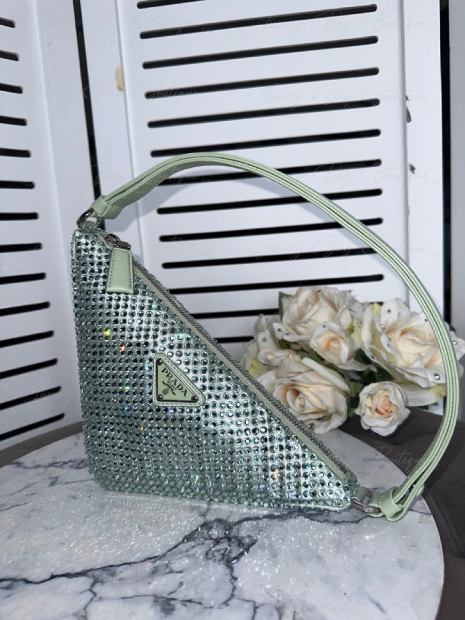 PRADA Satin Crystal Triangle Bag Acqua