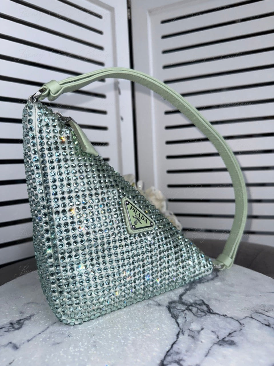 PRADA Satin Crystal Triangle Bag Acqua