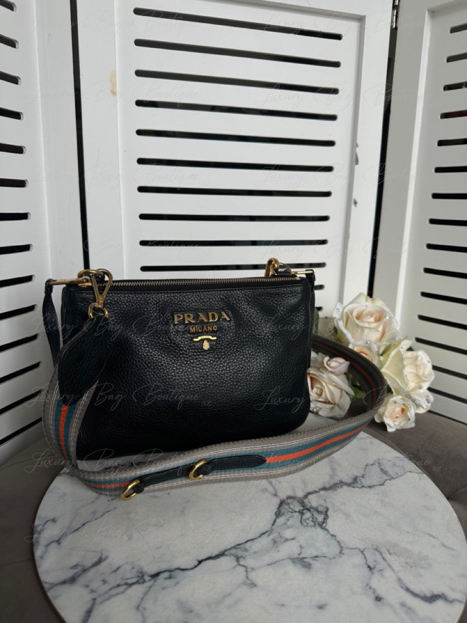 Prada Vitello Daino double Crossbody Black