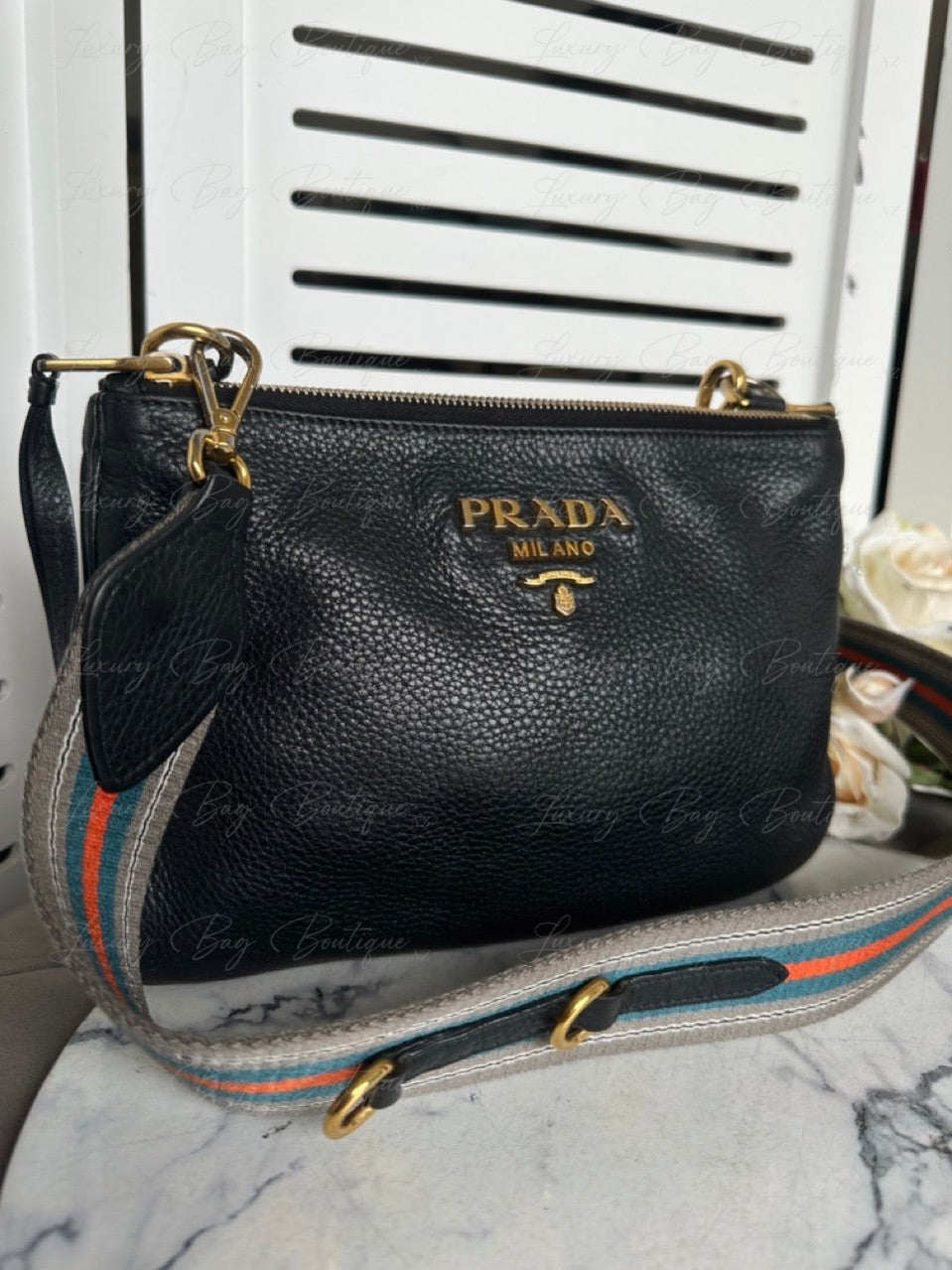 Prada Vitello Daino double Crossbody Black