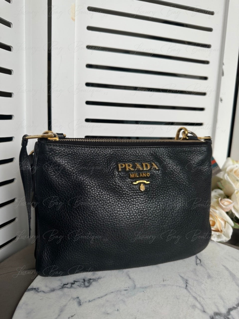 Prada Vitello Daino double Crossbody Black