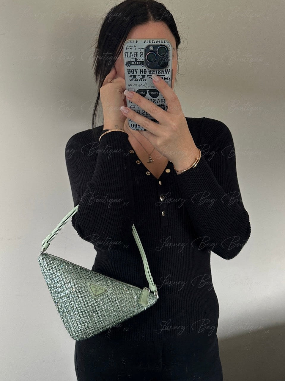 PRADA Satin Crystal Triangle Bag Acqua