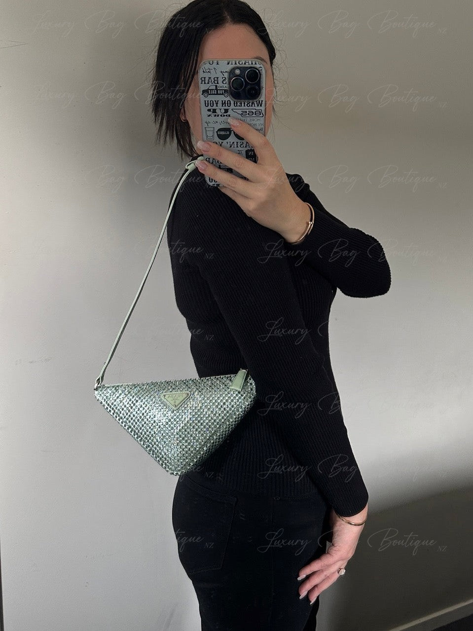 PRADA Satin Crystal Triangle Bag Acqua