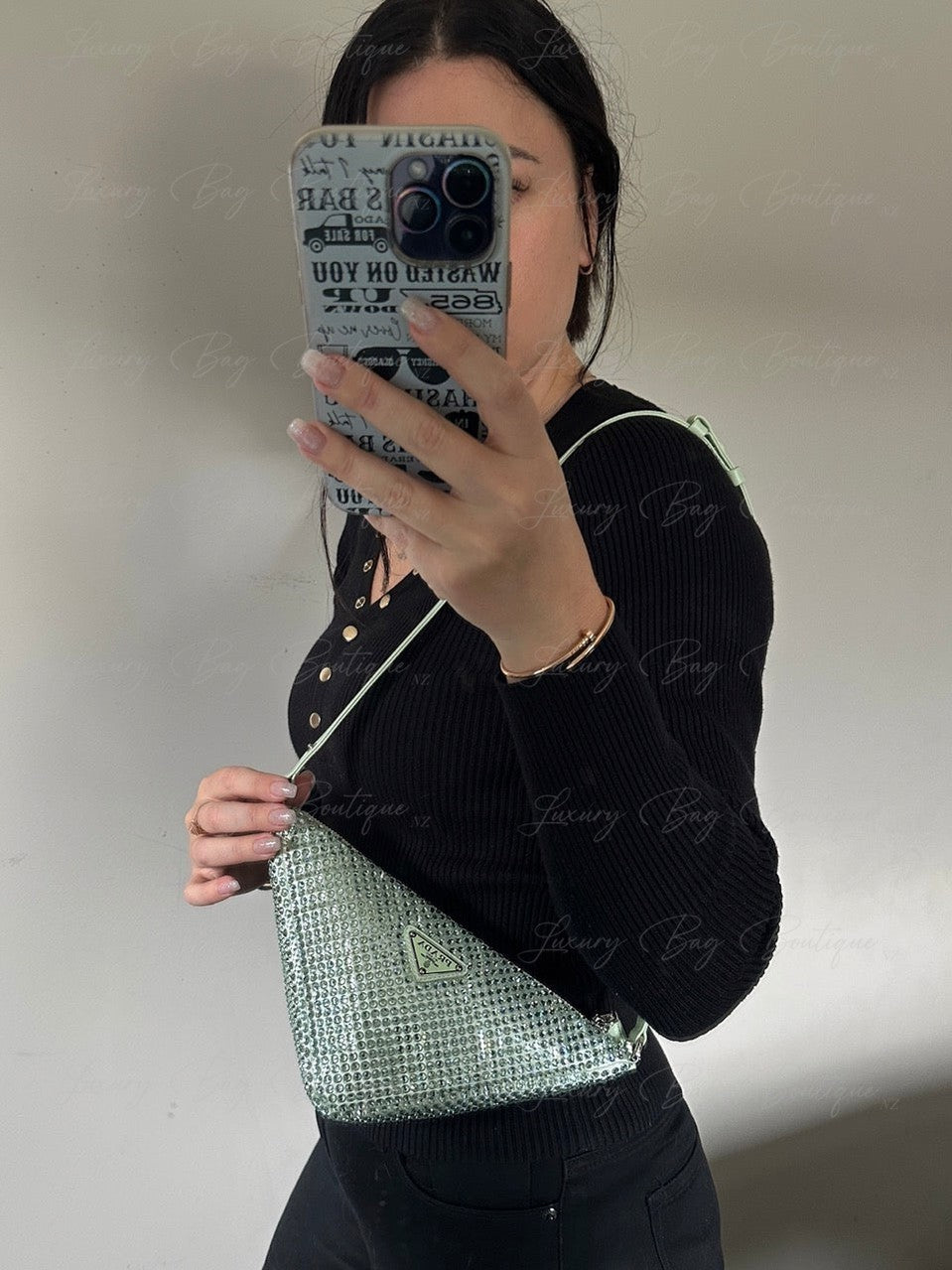 PRADA Satin Crystal Triangle Bag Acqua