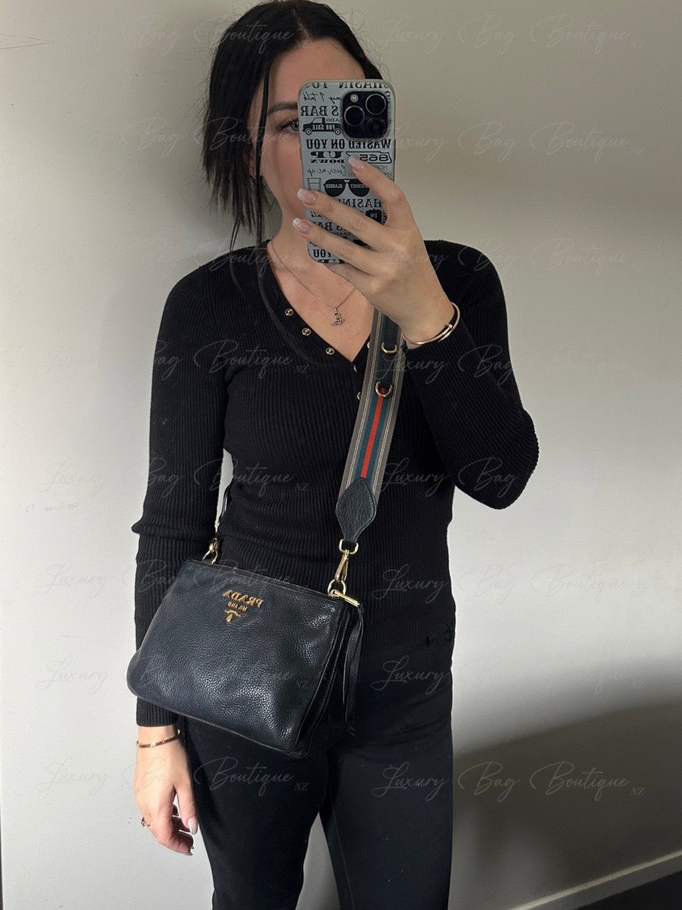 Prada Vitello Daino double Crossbody Black