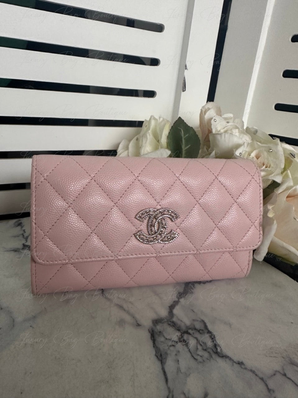 Chanel Crystal CC Logo Pink Caviar Wallet