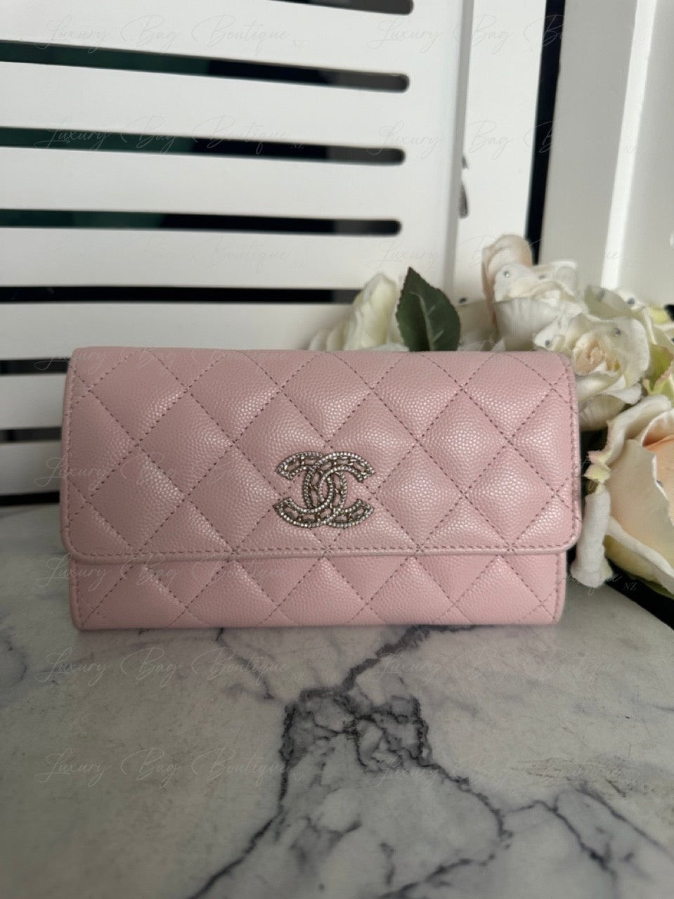 Chanel Crystal CC Logo Pink Caviar Wallet