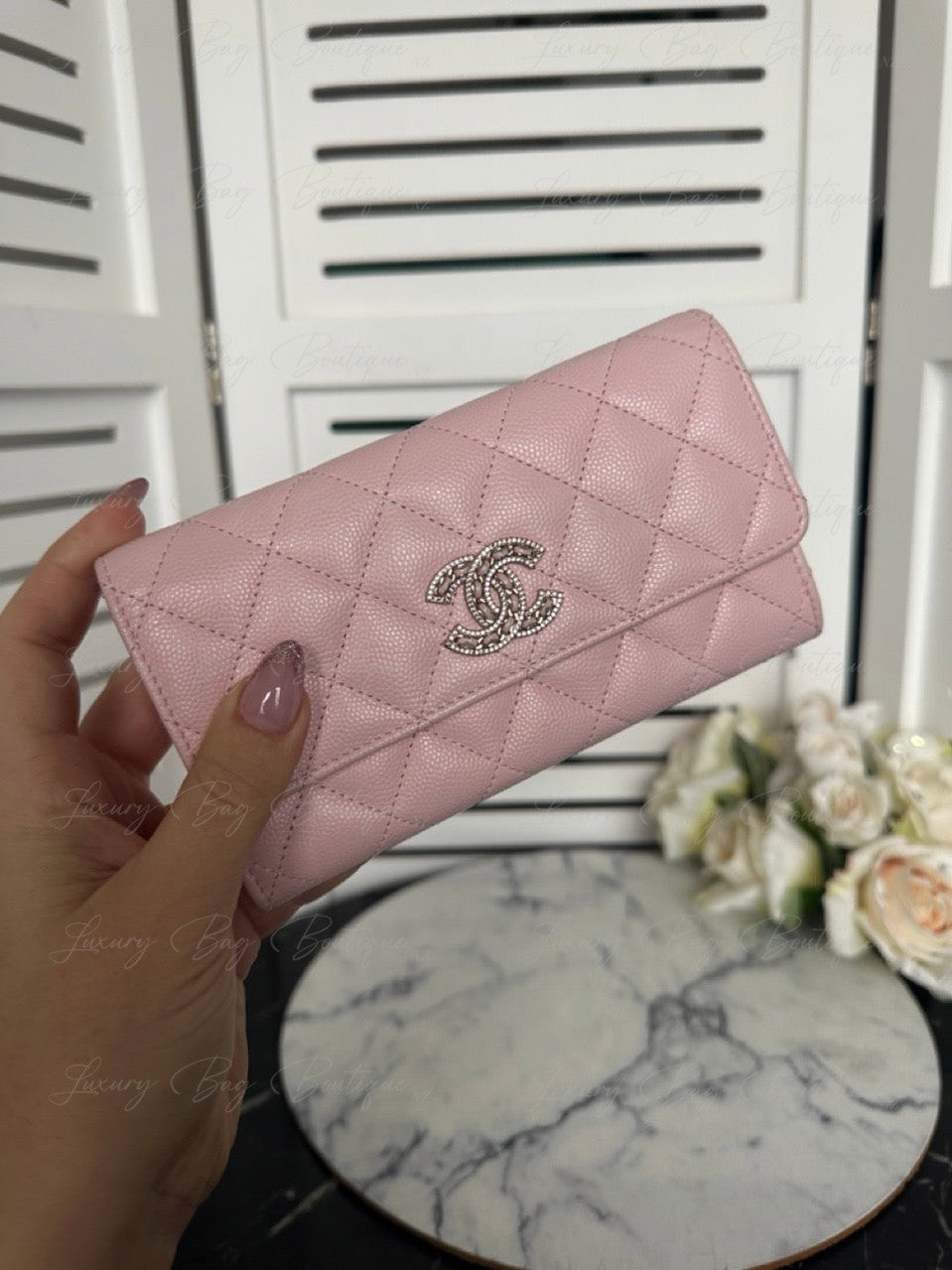 Chanel Crystal CC Logo Pink Caviar Wallet