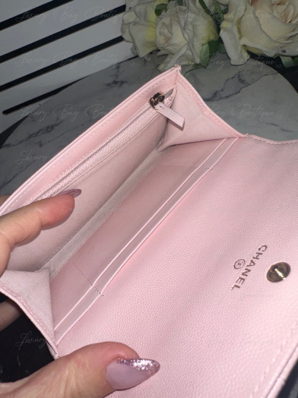 Chanel Crystal CC Logo Pink Caviar Wallet