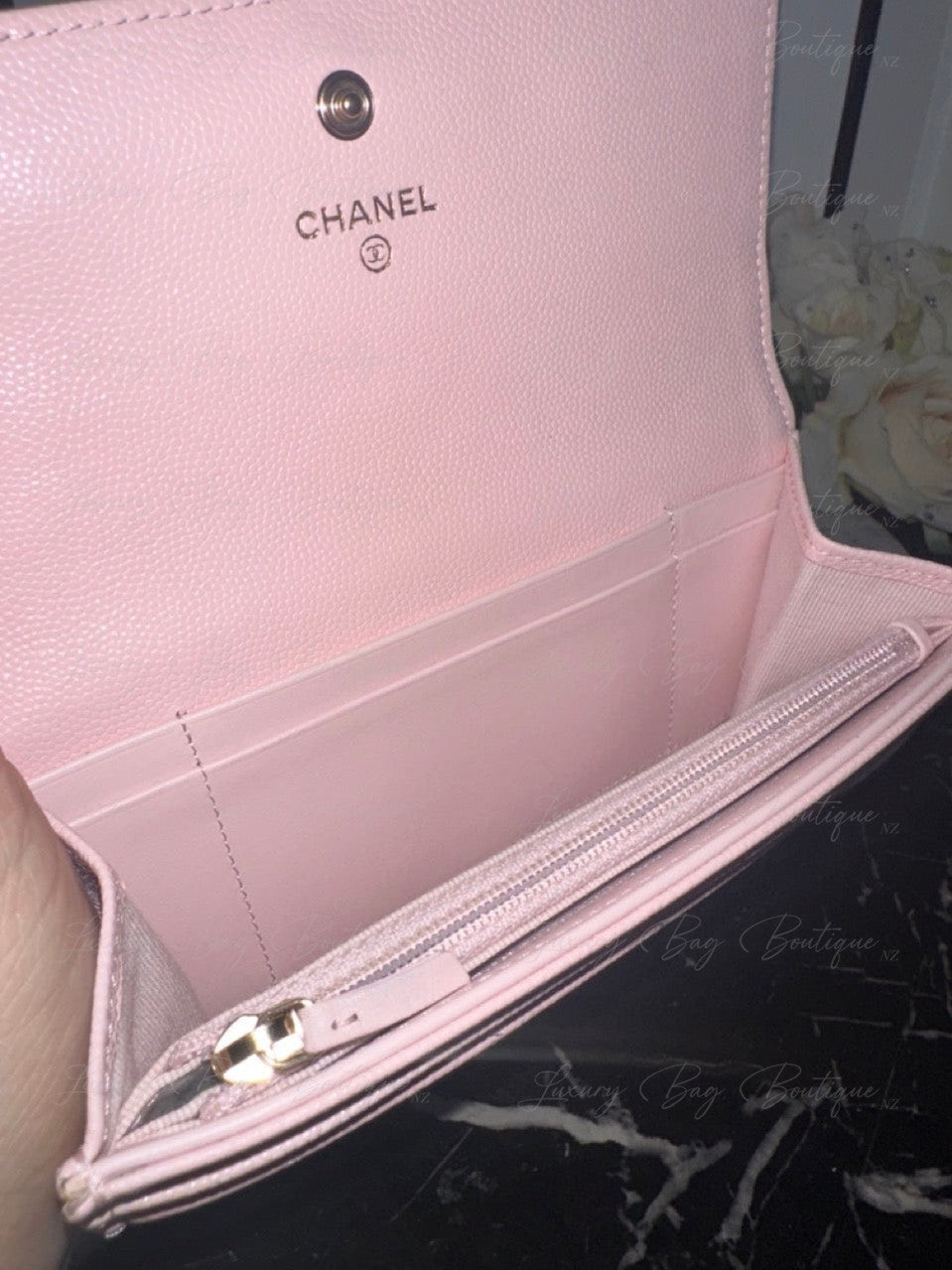 Chanel Crystal CC Logo Pink Caviar Wallet