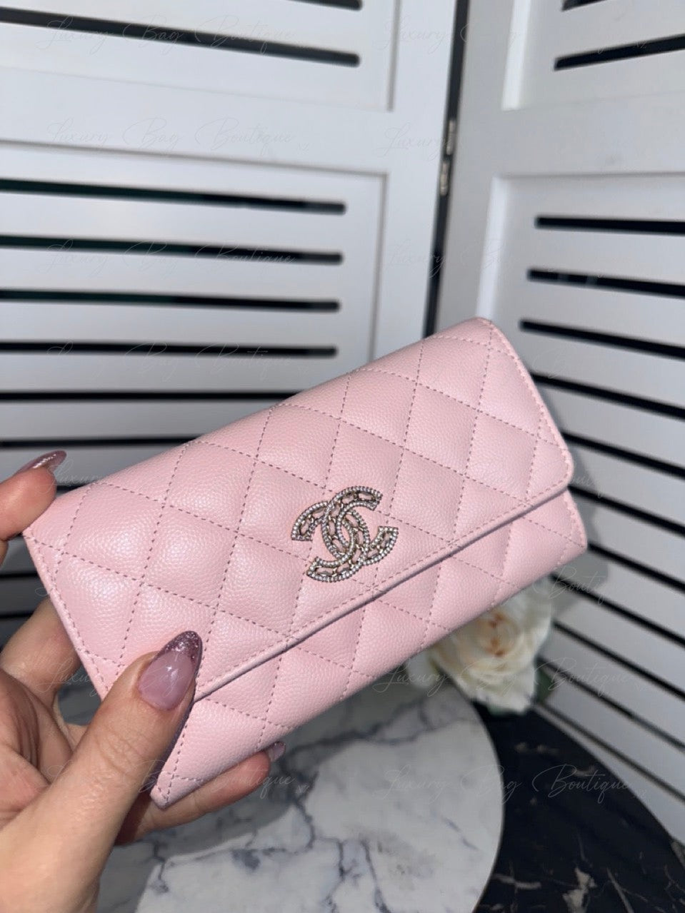 Chanel Crystal CC Logo Pink Caviar Wallet