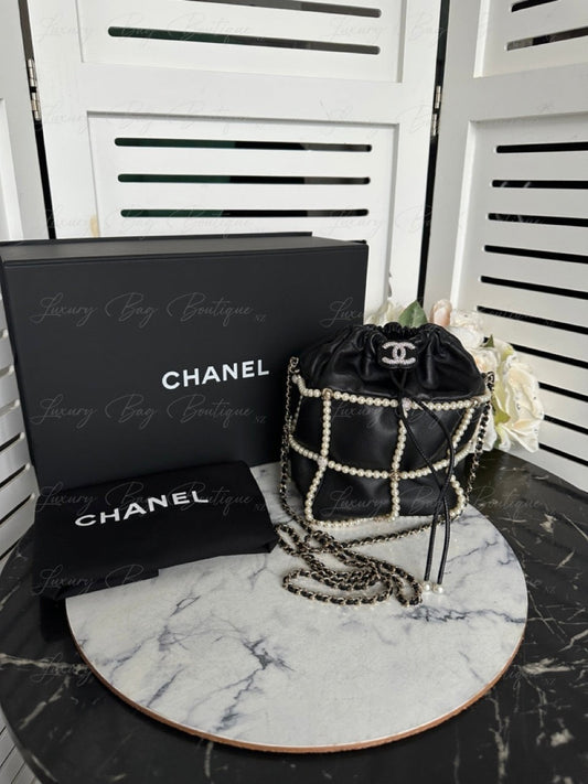 Chanel Bucket Crystal CC Logo Pearl Lambskin Bag