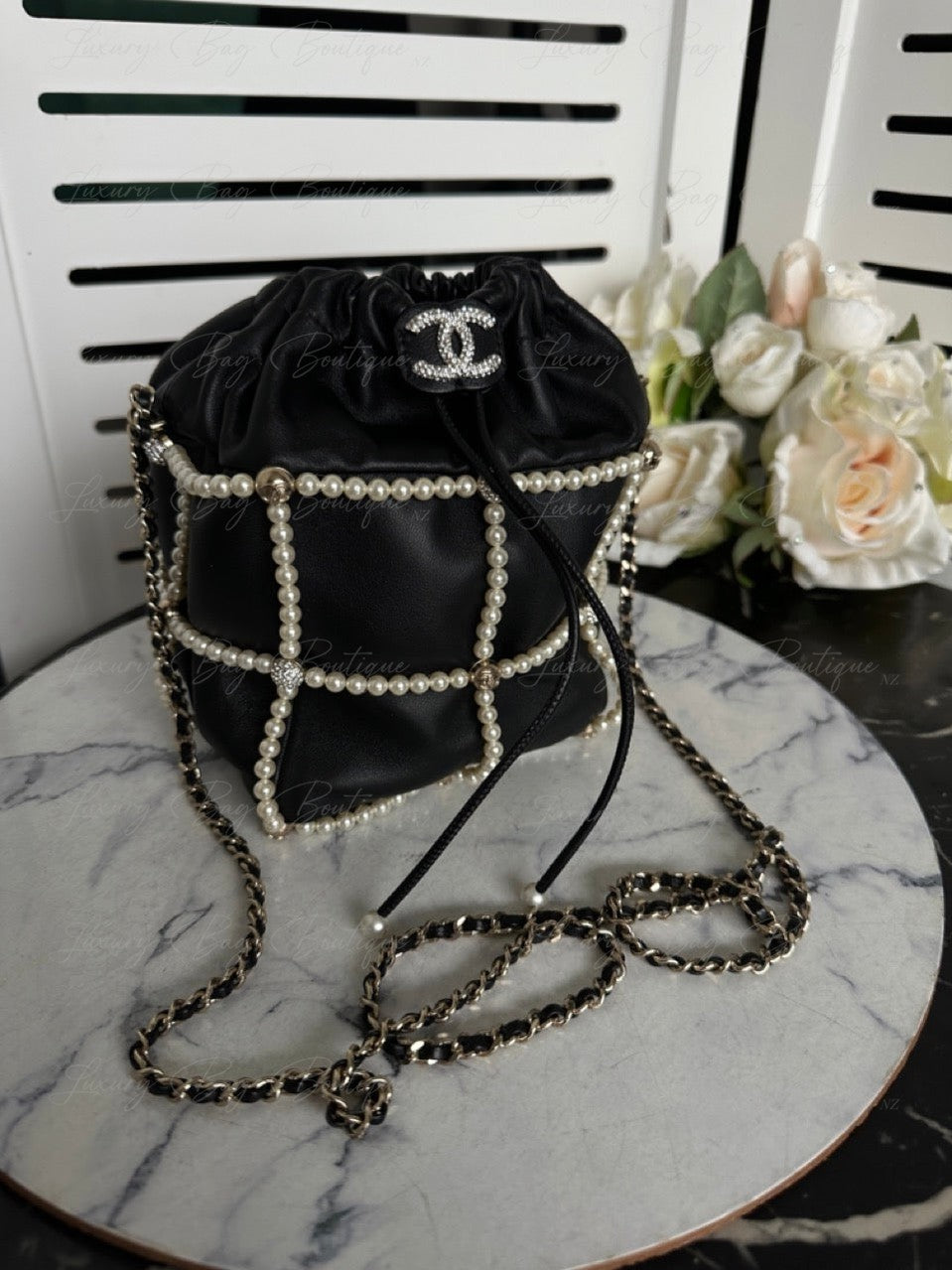 Chanel Bucket Crystal CC Logo Pearl Lambskin Bag