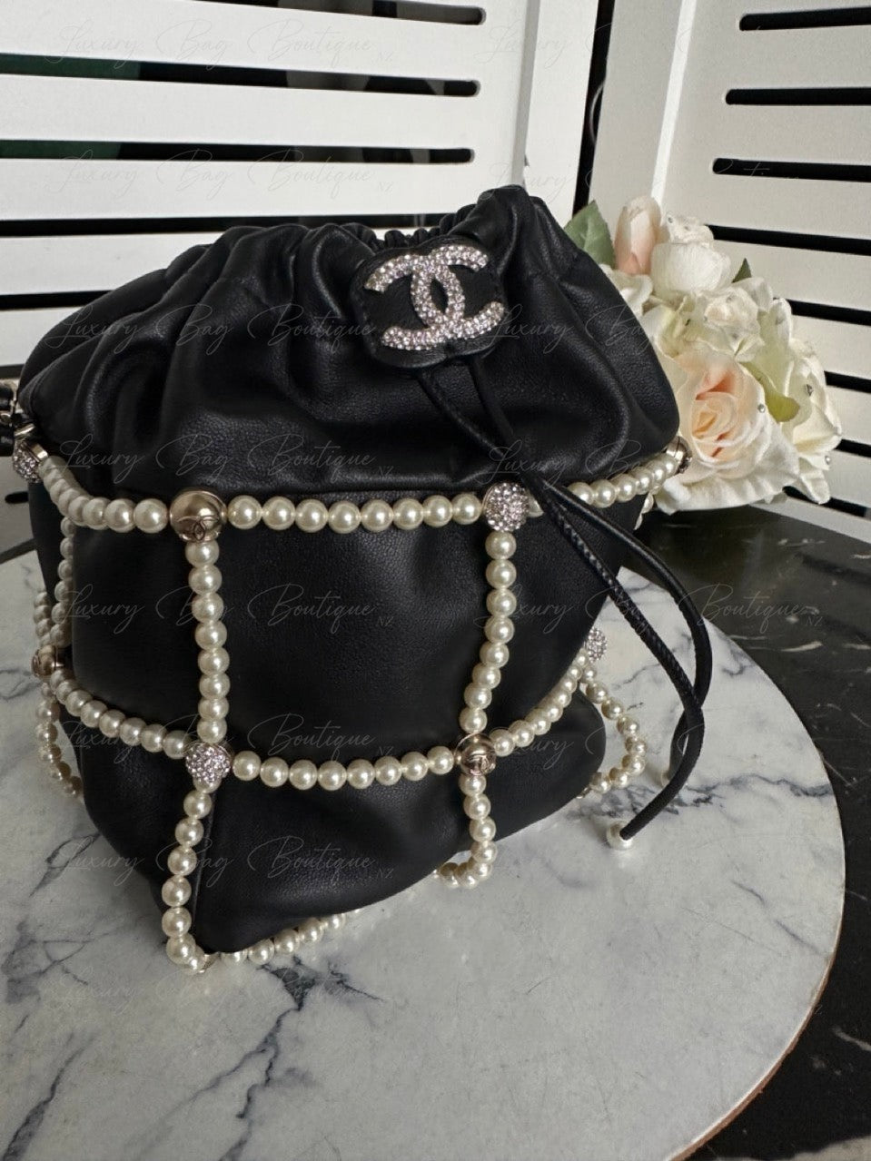 Chanel Bucket Crystal CC Logo Pearl Lambskin Bag