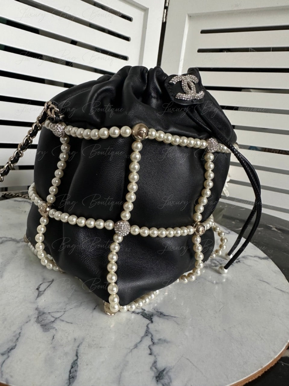 Chanel Bucket Crystal CC Logo Pearl Lambskin Bag