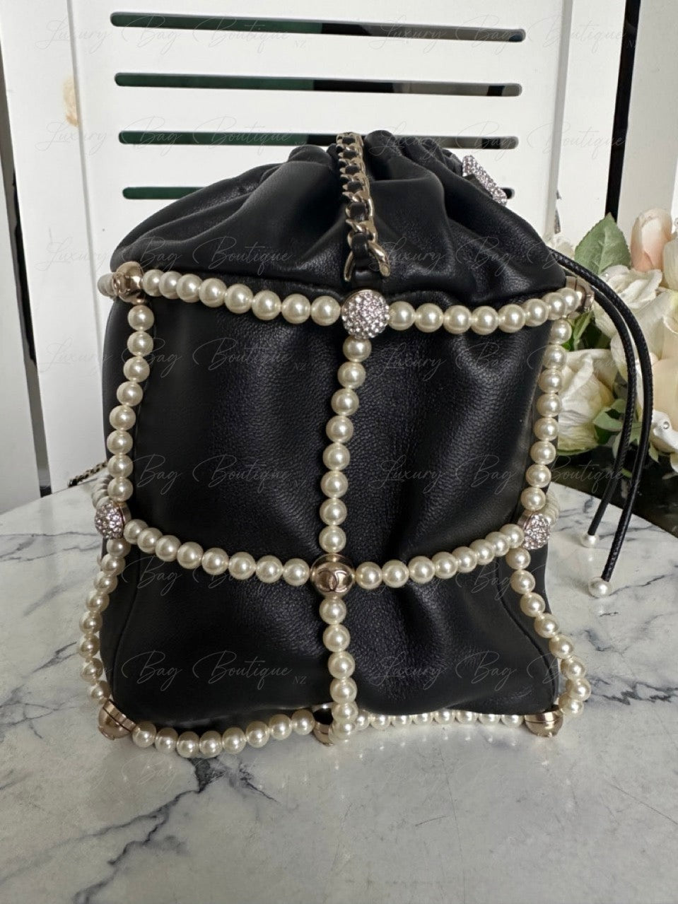 Chanel Bucket Crystal CC Logo Pearl Lambskin Bag