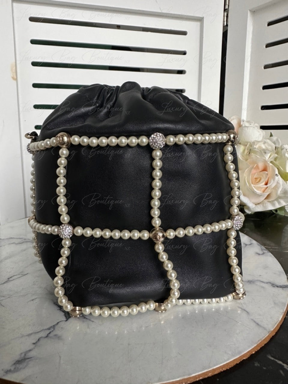 Chanel Bucket Crystal CC Logo Pearl Lambskin Bag