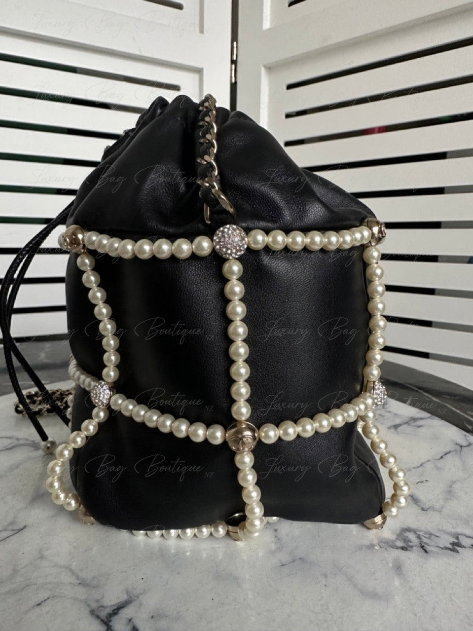 Chanel Bucket Crystal CC Logo Pearl Lambskin Bag