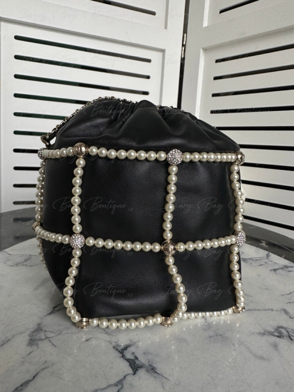 Chanel Bucket Crystal CC Logo Pearl Lambskin Bag