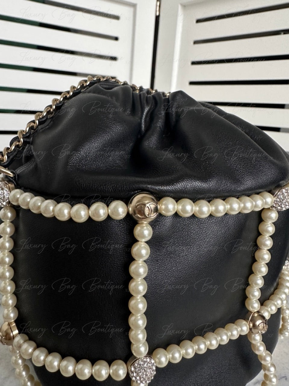 Chanel Bucket Crystal CC Logo Pearl Lambskin Bag