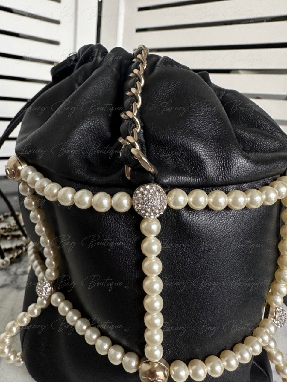 Chanel Bucket Crystal CC Logo Pearl Lambskin Bag