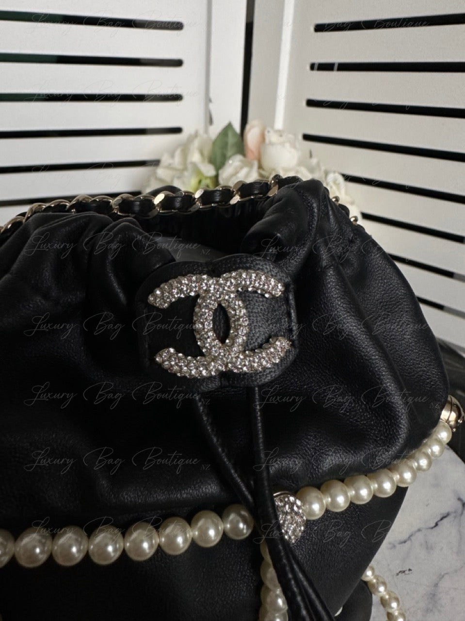 Chanel Bucket Crystal CC Logo Pearl Lambskin Bag