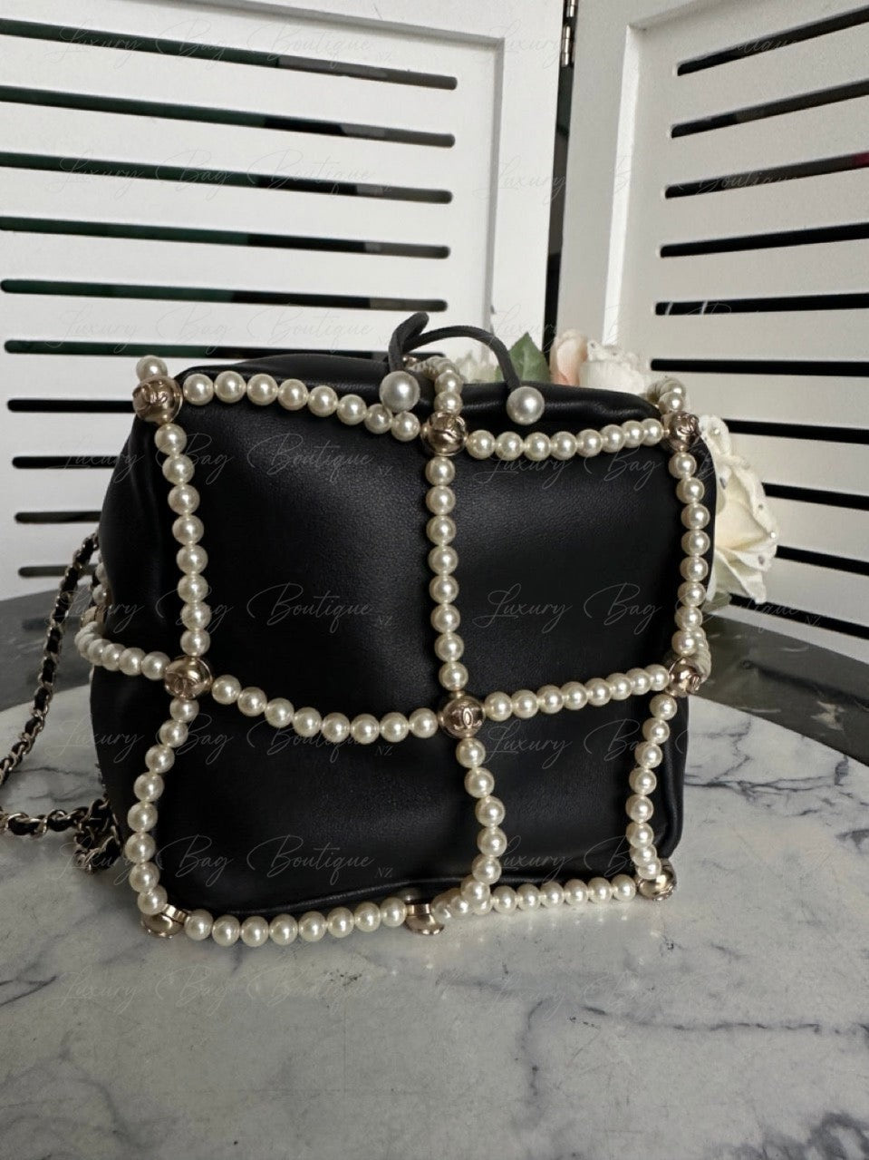 Chanel Bucket Crystal CC Logo Pearl Lambskin Bag