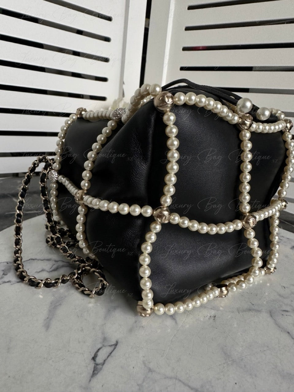 Chanel Bucket Crystal CC Logo Pearl Lambskin Bag