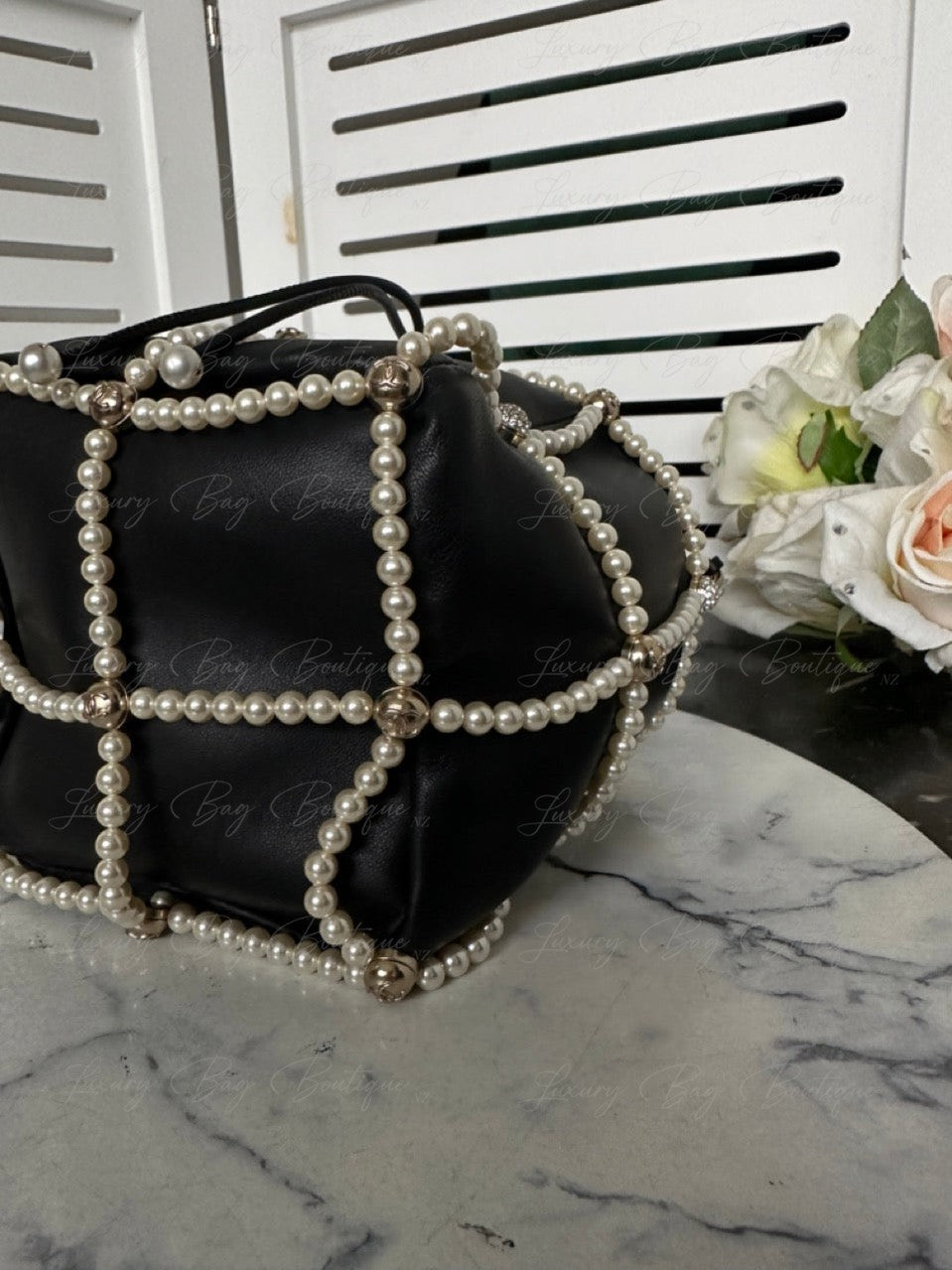 Chanel Bucket Crystal CC Logo Pearl Lambskin Bag