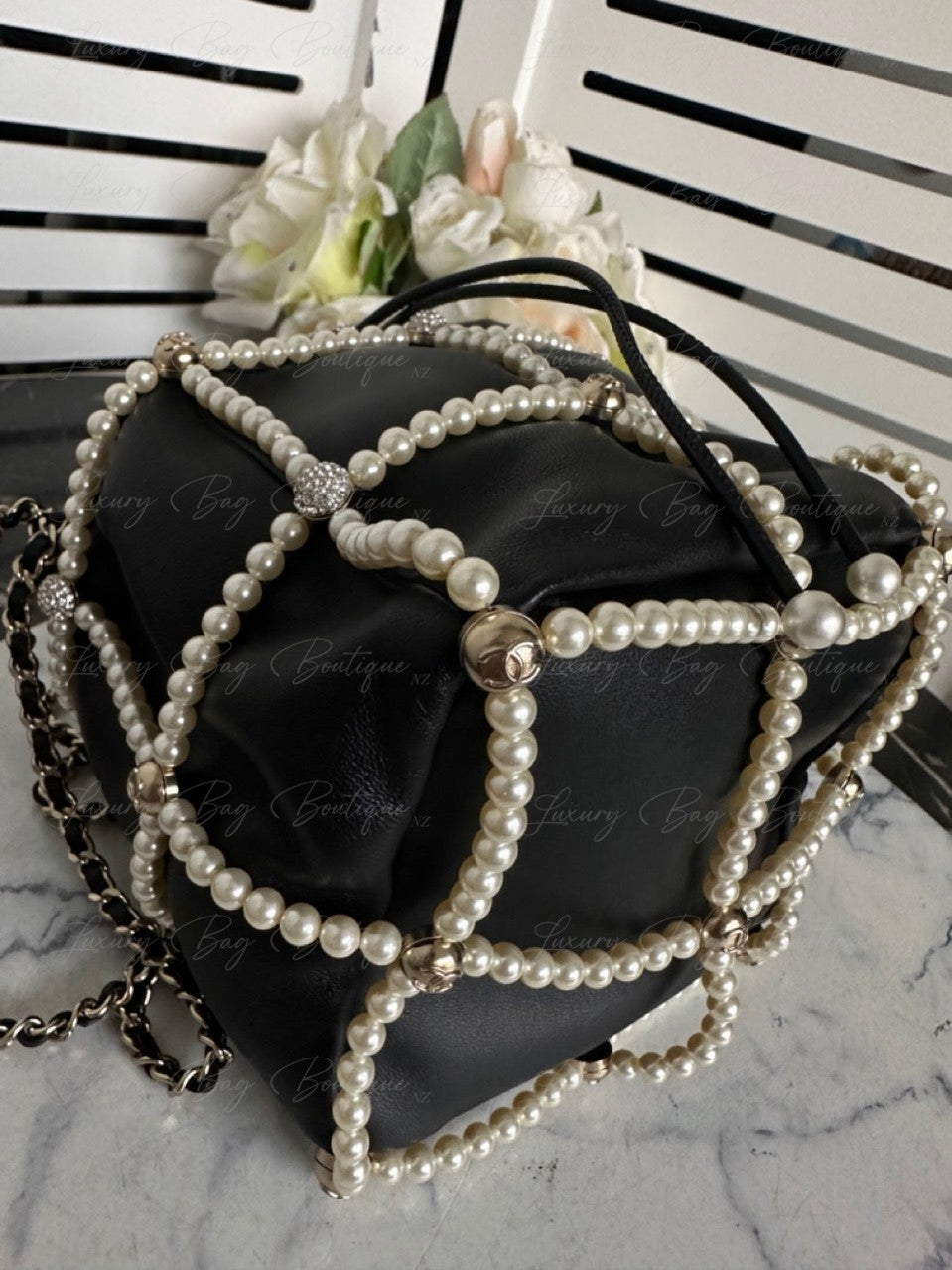 Chanel Bucket Crystal CC Logo Pearl Lambskin Bag