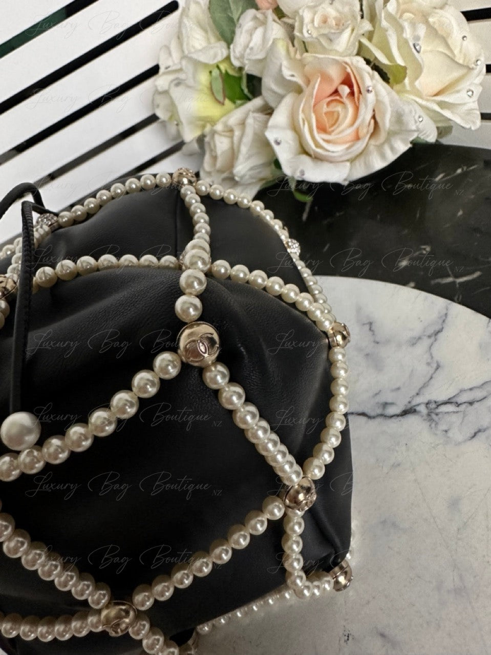 Chanel Bucket Crystal CC Logo Pearl Lambskin Bag