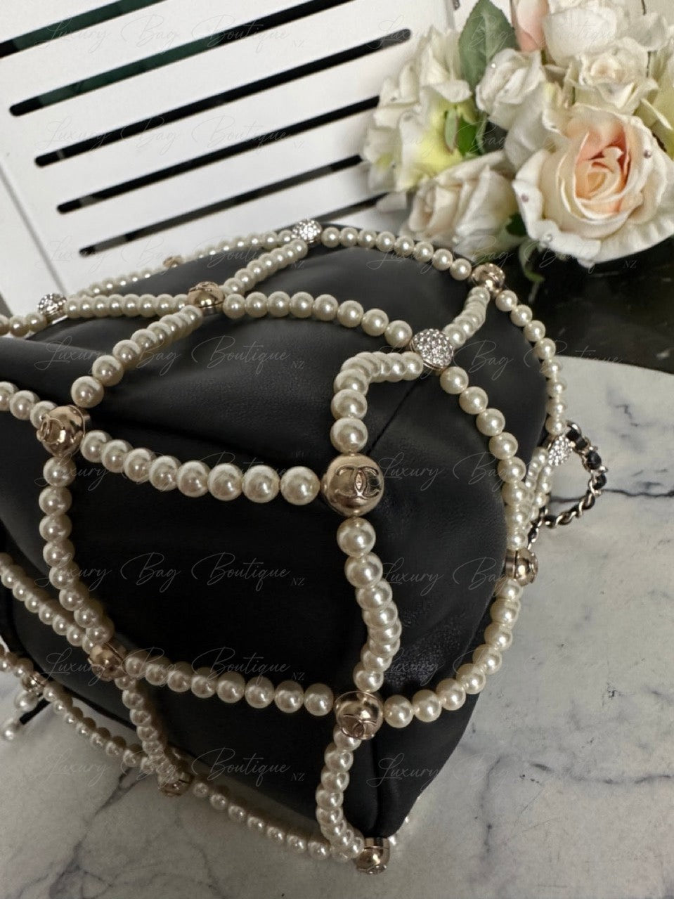 Chanel Bucket Crystal CC Logo Pearl Lambskin Bag