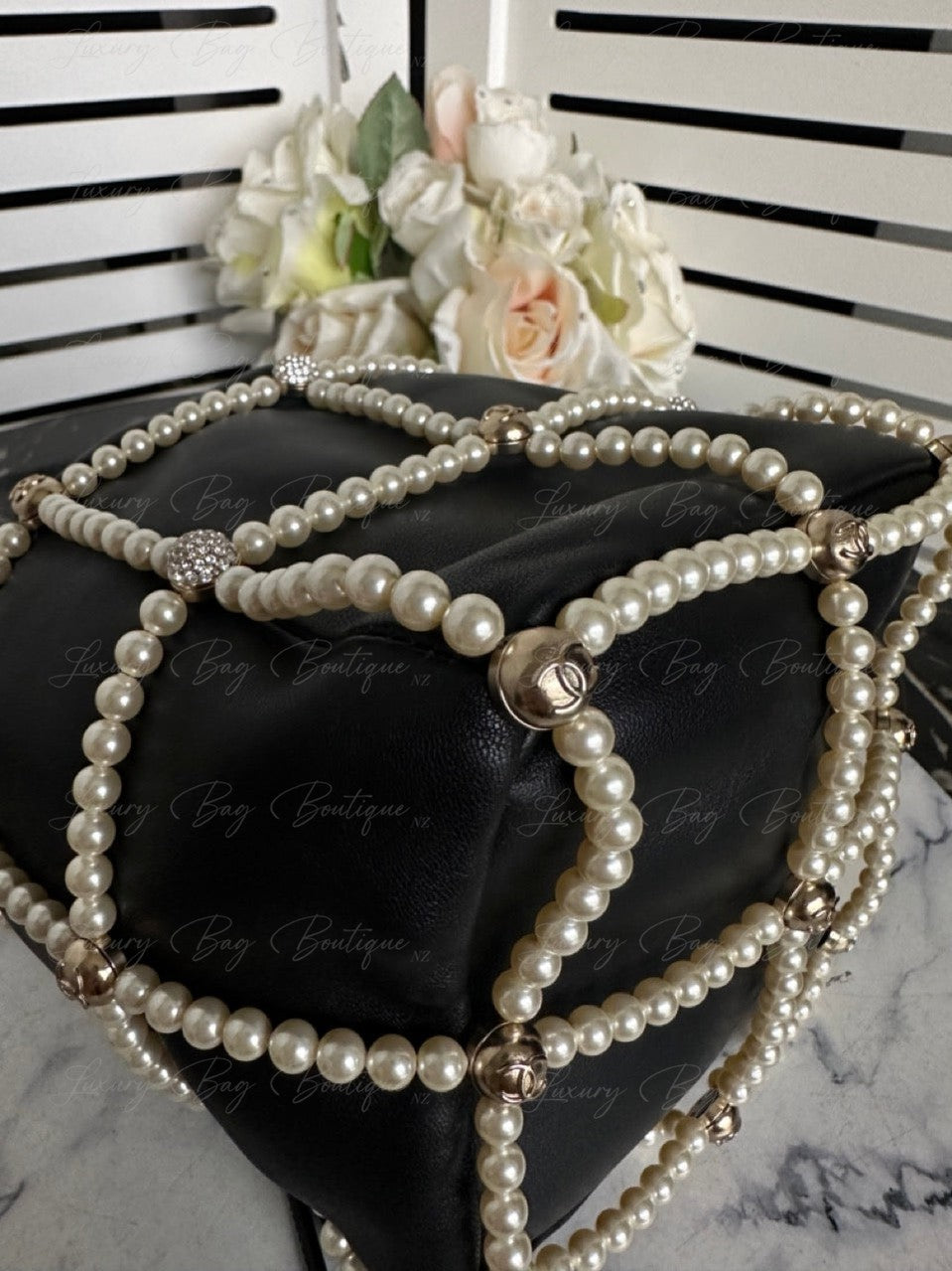 Chanel Bucket Crystal CC Logo Pearl Lambskin Bag