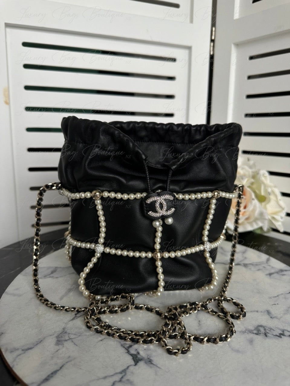 Chanel Bucket Crystal CC Logo Pearl Lambskin Bag