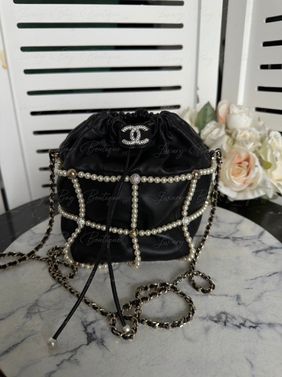 Chanel Bucket Crystal CC Logo Pearl Lambskin Bag