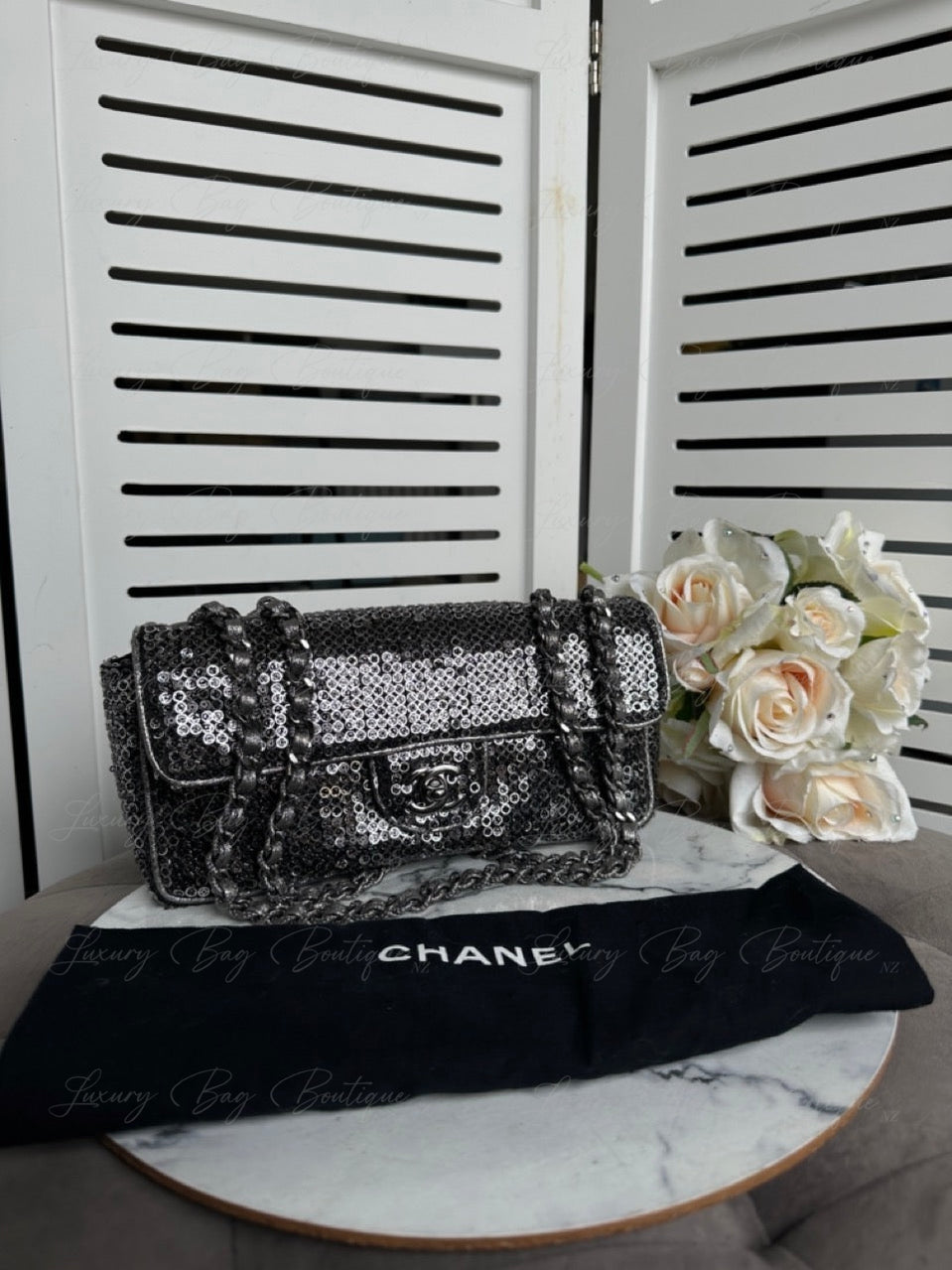 Chanel Silver Sequin East West Flap Bag