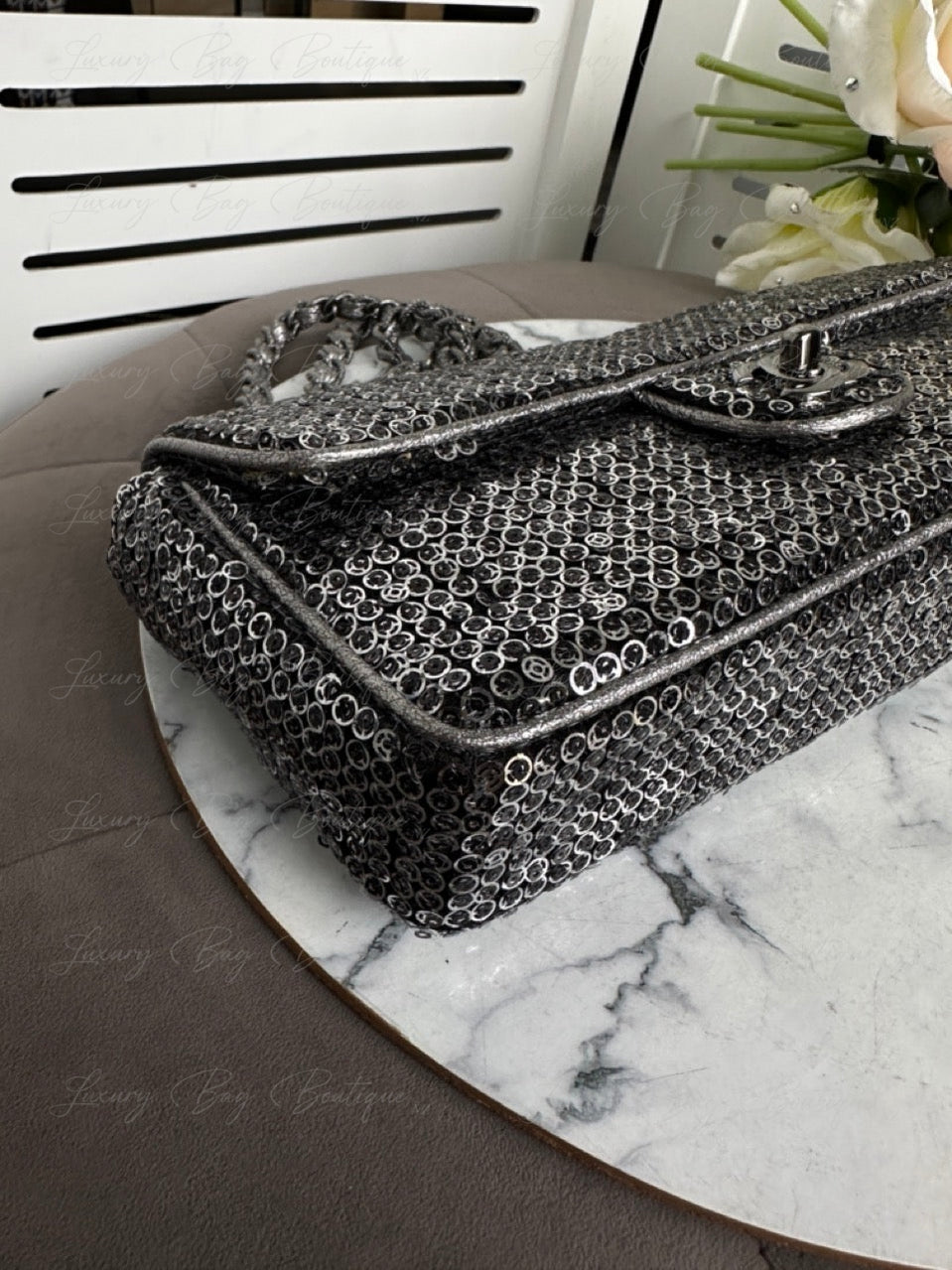 Chanel Silver Sequin East West Flap Bag