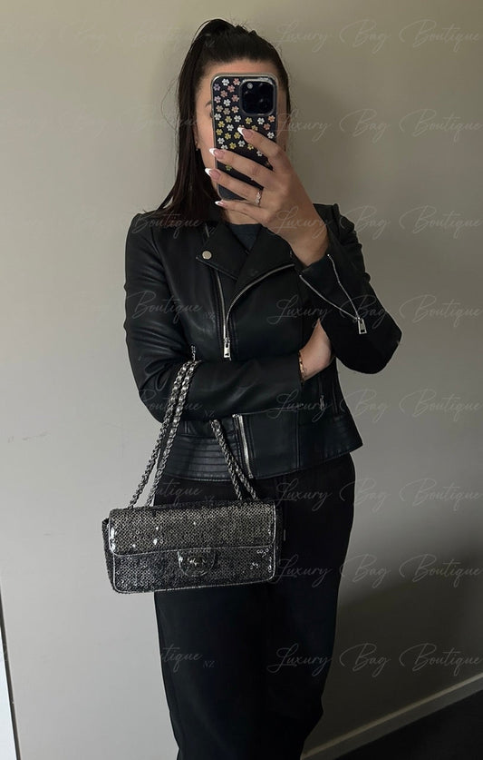 Chanel Silver Sequin East West Flap Bag