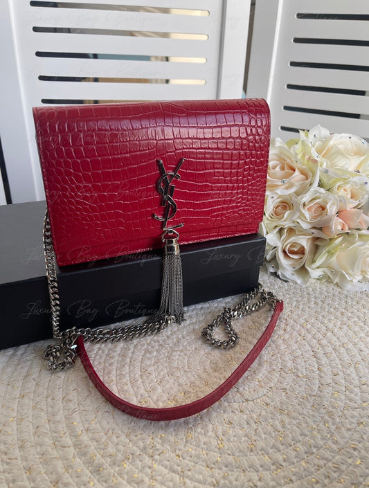 YSL Kate Tassel Croc Chain Wallet